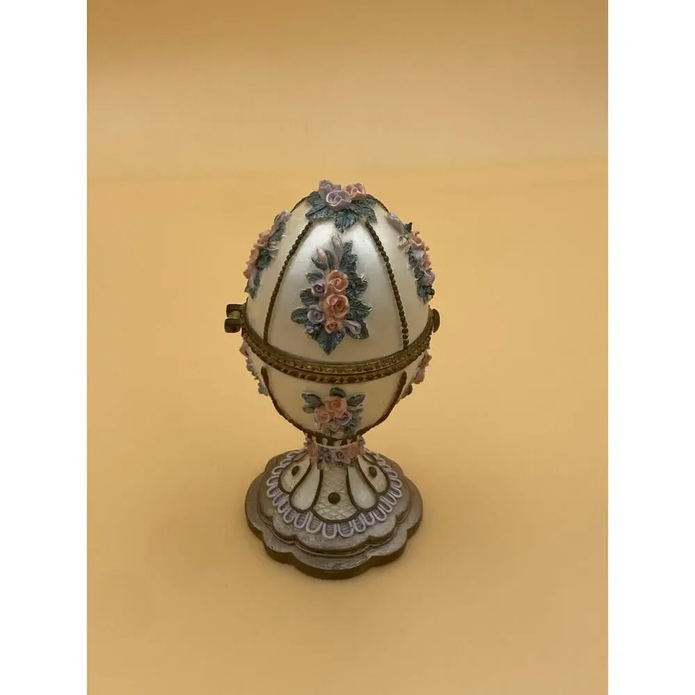 Vintage Egg Shaped Floral Metal Jewelry Box w/ Hinged Lid, Fabric Lined Interior
